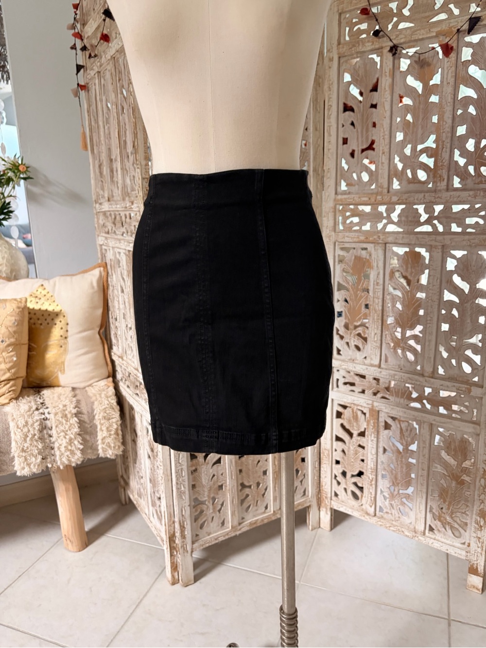 Free People Black Mini Denim Skirt